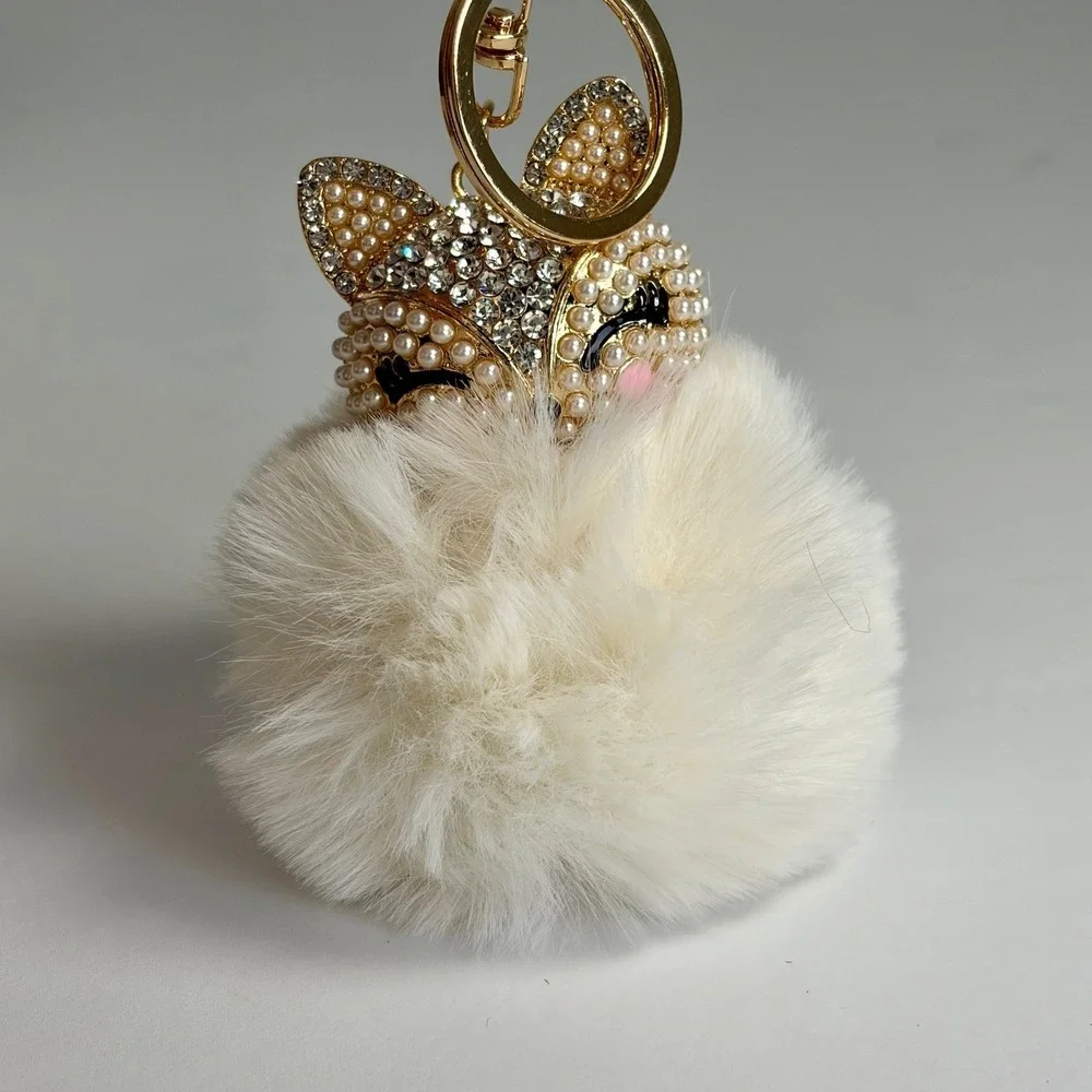 Sparkly Fox Keychain Pearl Rhinestone Faux‎ Fur Pom Pom Bag Charm Coquette Boho